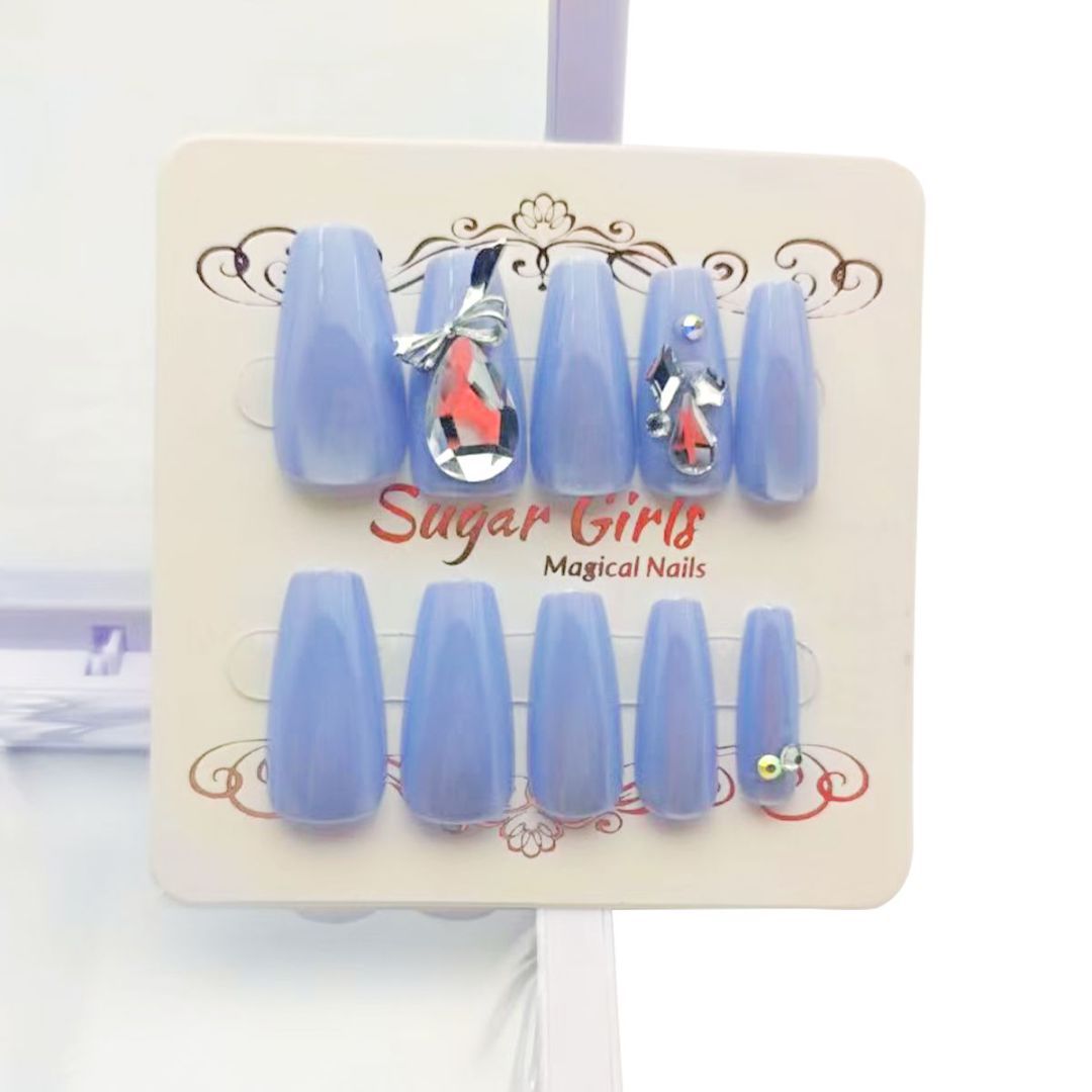 Blue With Large Diamond Nails