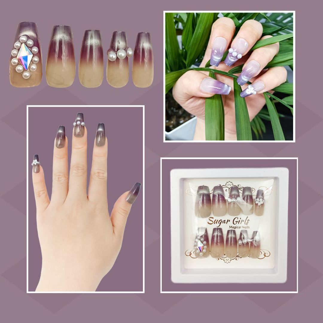 Eggplant Color Set With Pearl Diamond Nails