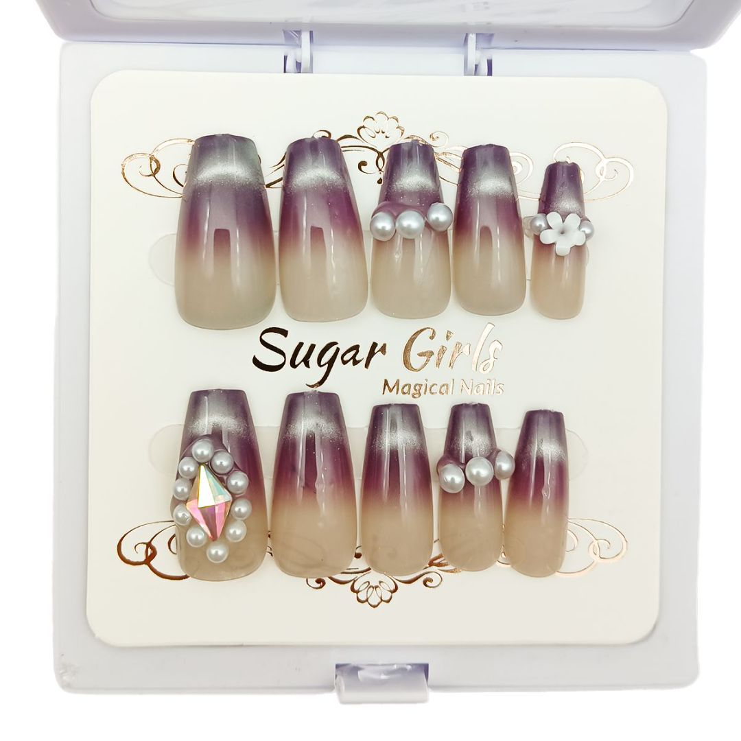 Eggplant Color Set With Pearl Diamond Nails