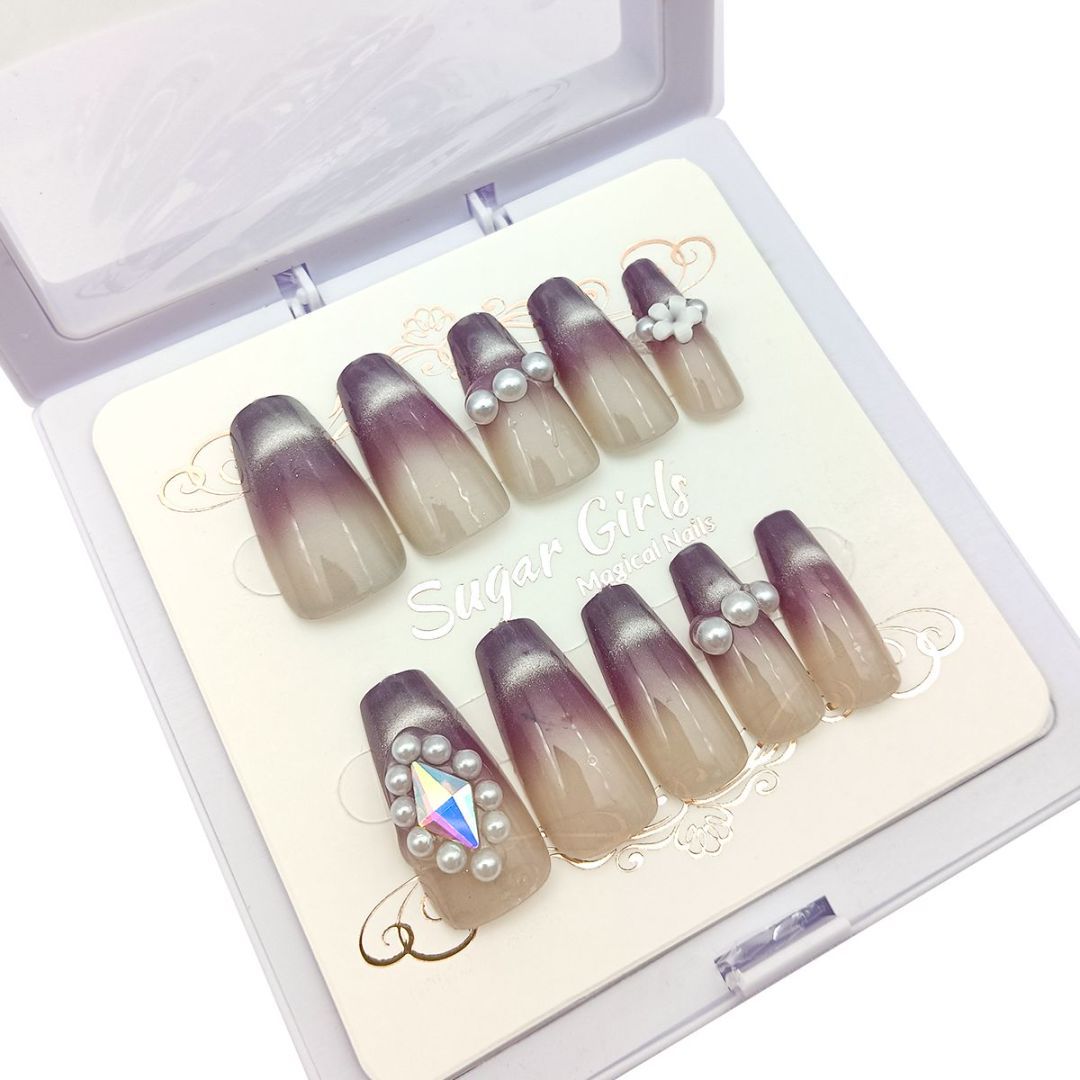 Eggplant Color Set With Pearl Diamond Nails