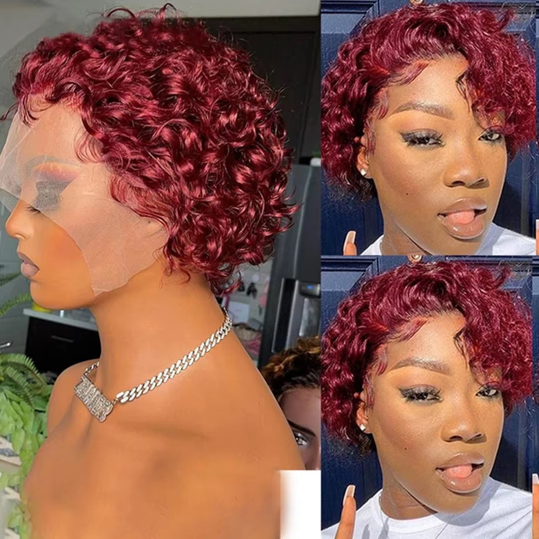 Pixie Cut 99J Color Lace Wig Spring Curl Short Human Hair Wig For Women Brazilian Burgundy Pixie Cut Wig