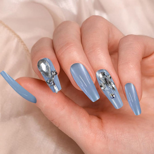 Blue With Large Diamond Nails