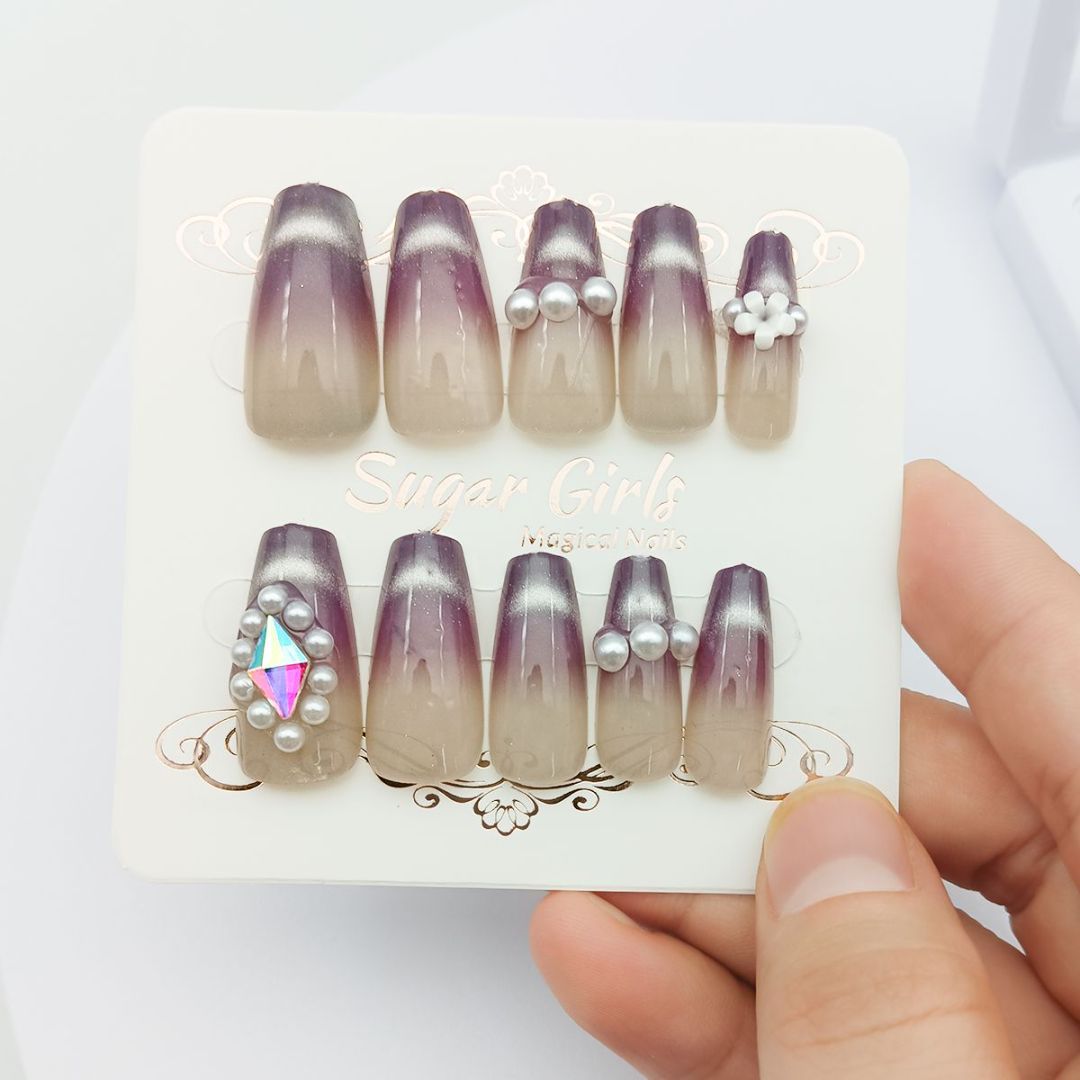 Eggplant Color Set With Pearl Diamond Nails