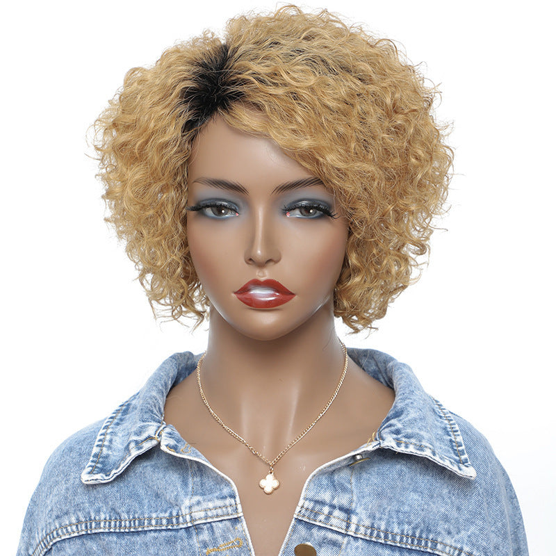 Small Curly Real Hair Headgear, Gradual Fluffy Head High-end Short Hair Cover