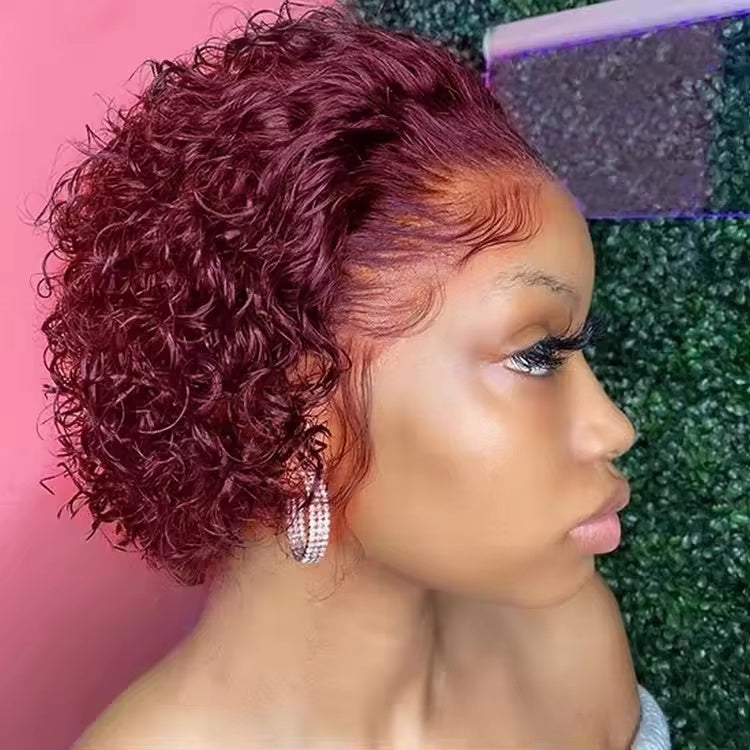 Pixie Cut 99J Color Lace Wig Spring Curl Short Human Hair Wig For Women Brazilian Burgundy Pixie Cut Wig